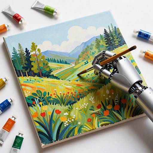 Robotic Hand Painting Vibrant Landscape