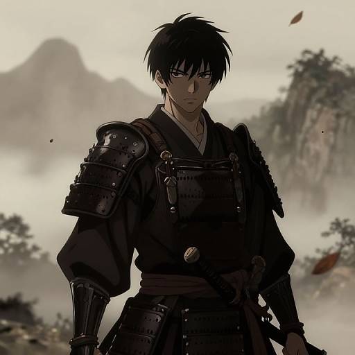 Digital anime-style drawing of a serious, black-haired samurai in dark armor with intricate details, standing in a misty, mountainous landscape.