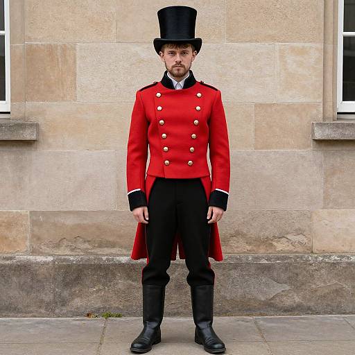Photograph of a young man in a bright red military-style coat with gold buttons, black pants, tall black top hat, and black boots, standing