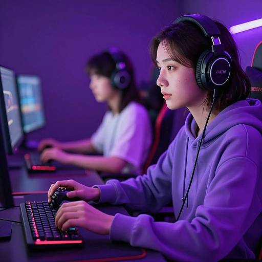 Photograph of two young women, one in focus wearing a purple hoodie, the other blurred, both in headphones, typing on black keyboards under purple and