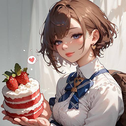 Happy Girl Holding Strawberry Cake