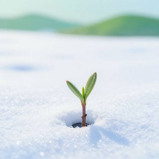 Photograph of a small green plant sprout emerging from dark soil in a field of bright white snow, with a blurred green and blue background.