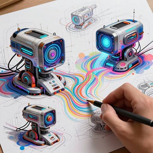 Vibrant digital illustration of four futuristic, glowing robots with colorful, wavy connections, sketched on white paper by a hand using a black pen