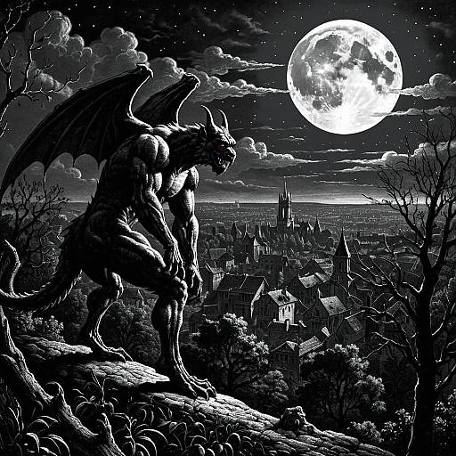 Gargoyle Overlooking Moonlit City