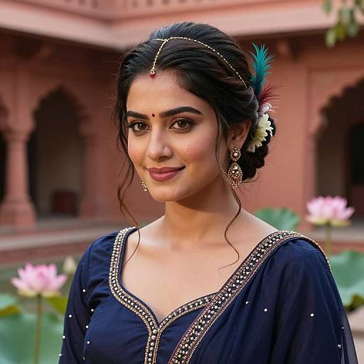 Photograph of a beautiful Indian woman with dark hair, adorned with a bindi and feathered hairpin, wearing a blue embroidered choli, standing