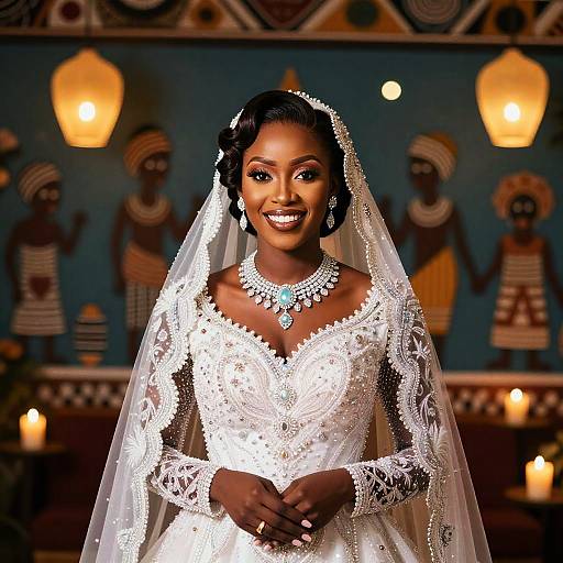 Joyful African Bride in Ornate Wedding Dress