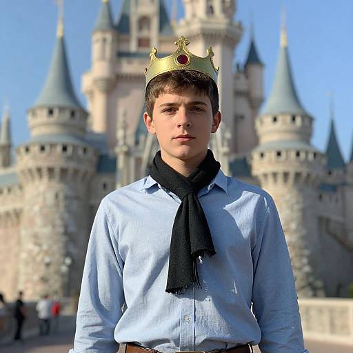 Photograph of a young boy with short brown hair, wearing a golden crown, light blue shirt, and black scarf, standing in front of a fairy