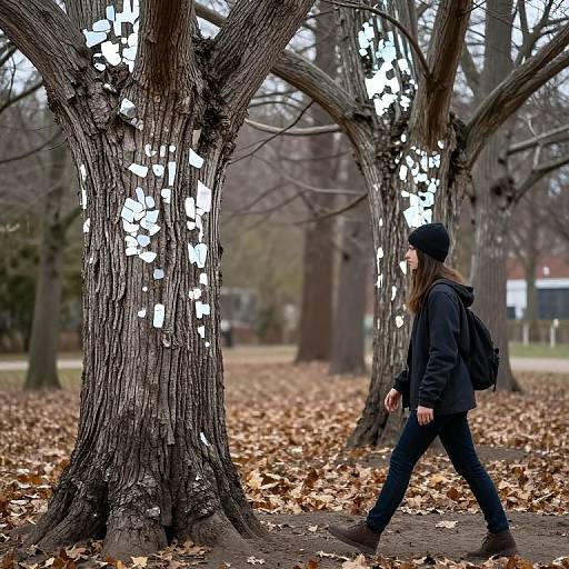 Photograph of a person in black coat and hat, walking past leafless trees adorned with glowing white lights, on a autumnal path with fallen leaves