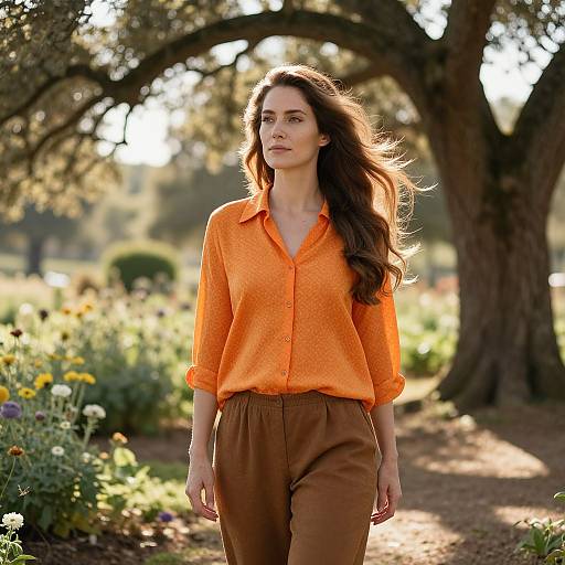 Photograph of a confident woman with long brown hair, wearing an orange blouse and brown pants, walking through a sunlit garden with blooming flowers and