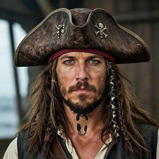 Photograph of a rugged, bearded man with long brown hair, wearing a weathered black pirate hat adorned with skull and crossbones, and a