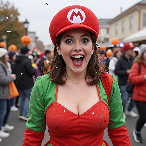 Photograph of a surprised woman with wide eyes, red M hat, green and red shirt, large breasts, and Halloween crowd background.