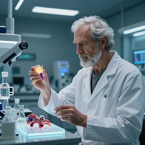 Elderly white-bearded scientist in white lab coat examines glowing, colorful DNA-like structures in futuristic lab with fluorescent lighting.