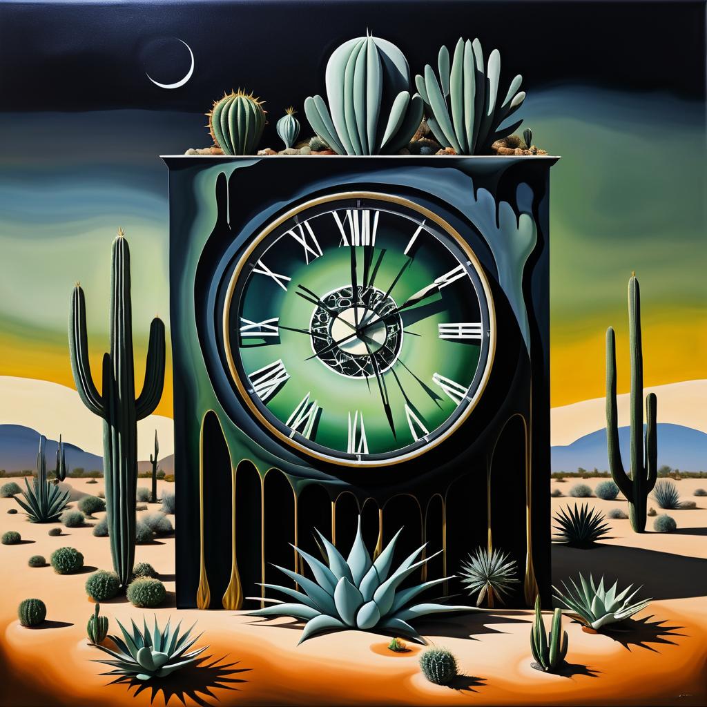 Mysterious Melting Clock Over Cactus