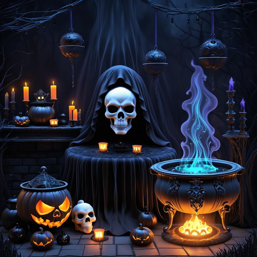 Eerie Halloween Setting with Haunted Skull