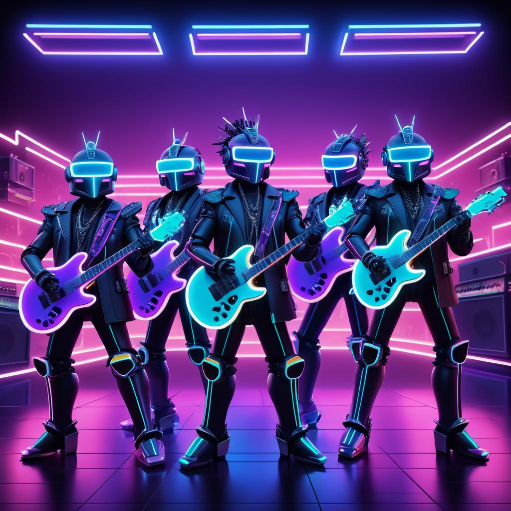 Rock Star Robots Jamming in Neon Glow