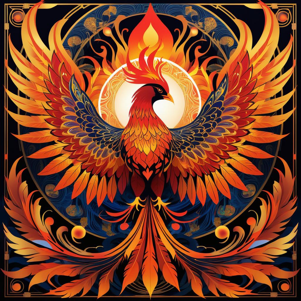 Ethereal Phoenix Rising in Art Deco Style