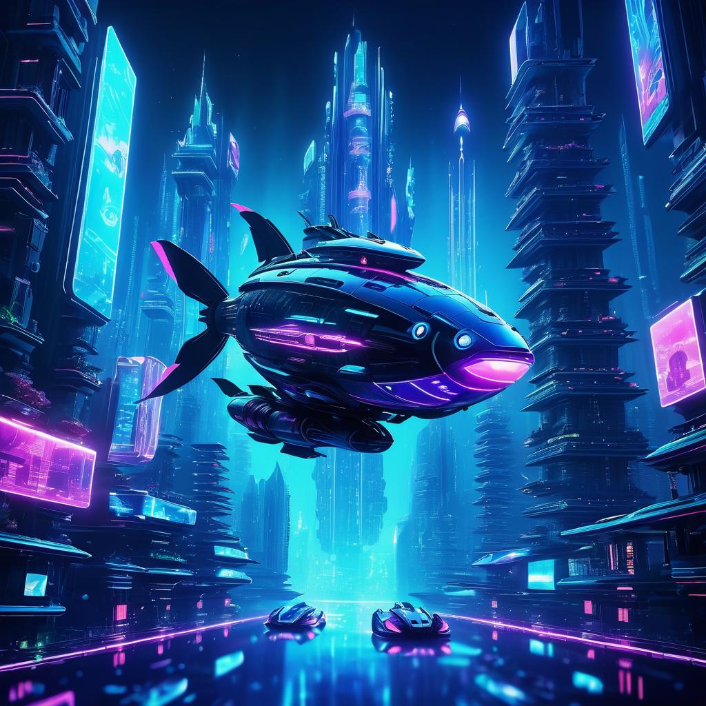 Futuristic Robot Fish in Cyberpunk City