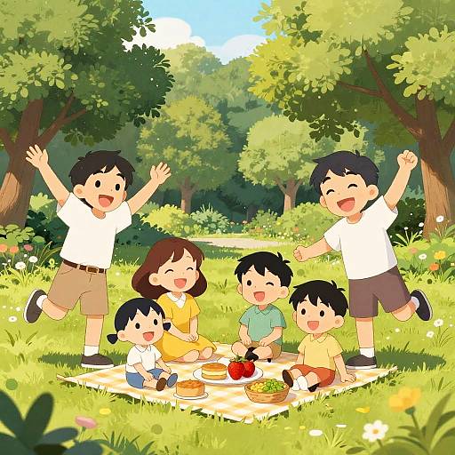 Colorful anime-style drawing of six happy children, four boys and two girls, having a picnic in a sunny, tree-filled meadow.