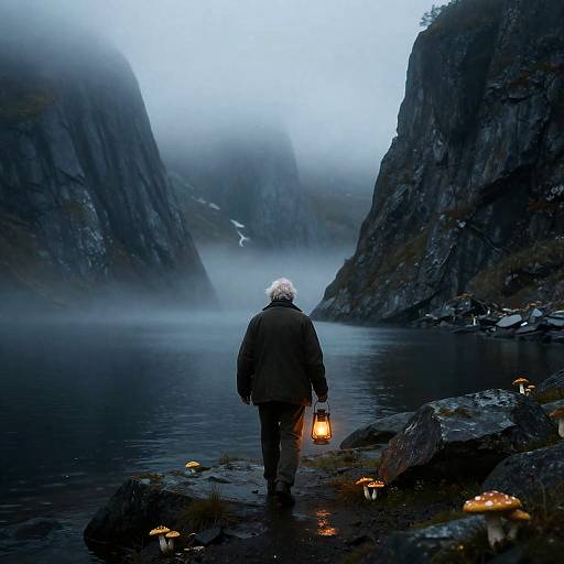 Elderly Man Wandering in Foggy Fjord