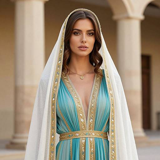 Woman in Turquoise Dress by Columns