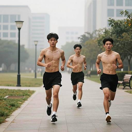 Shirtless College Men Jogging Urban Campus