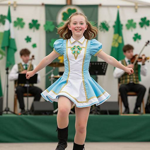 Photograph of a smiling young girl in a light blue and white Irish dress with gold trim, dancing with arms outstretched, background features two boys