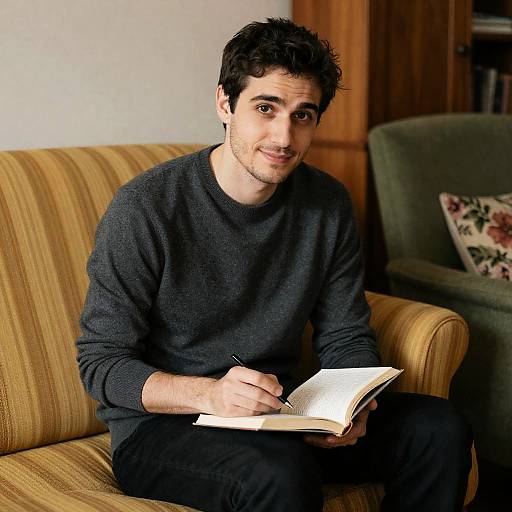 Cozy Reading Moment on Striped Couch
