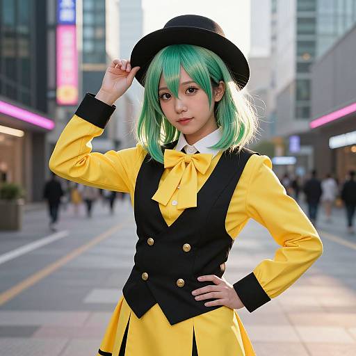 Photograph of an Asian woman with green hair, black hat, yellow blouse, black vest, and bow, posing confidently in a city street at night