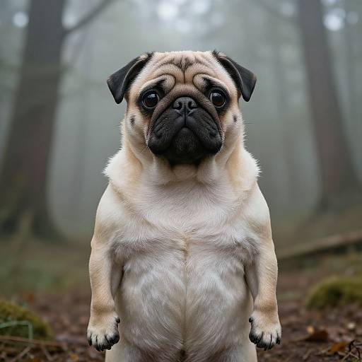 Photograph of a pug standing in a foggy forest, facing forward with a sad expression, beige fur, black mask, and small round ears