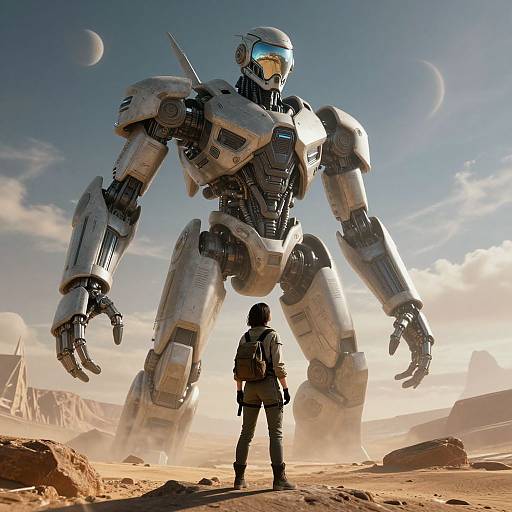 Photorealistic CGI: Small human stands before towering, silver, futuristic mecha in a desert with planets in the sky, sunlight casting dramatic shadows.