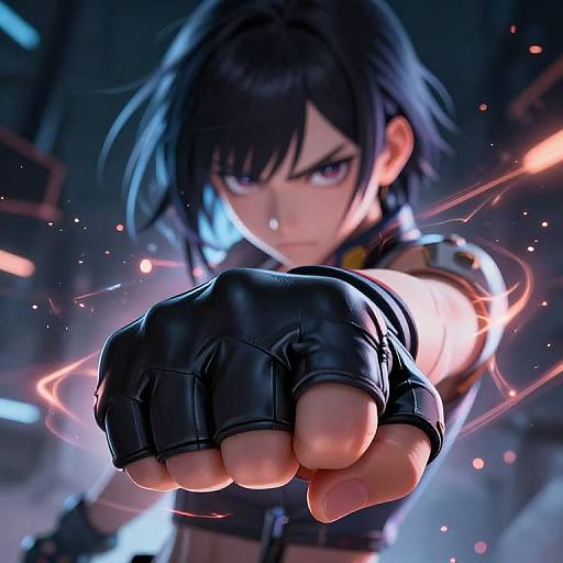 Digital anime-style artwork of a fierce, black-haired character with intense purple eyes, wearing a black glove, extending a clenched fist forward, surrounded by