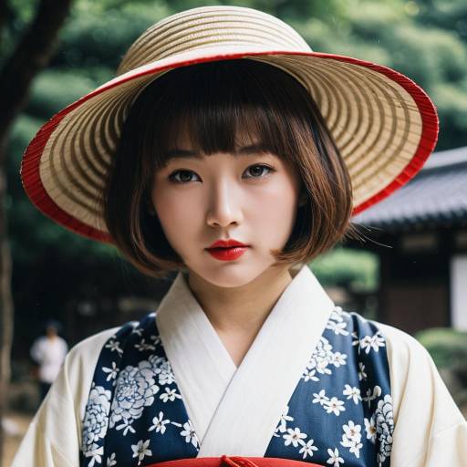 Japanese Woman in Urahara Costume with Straw Hat