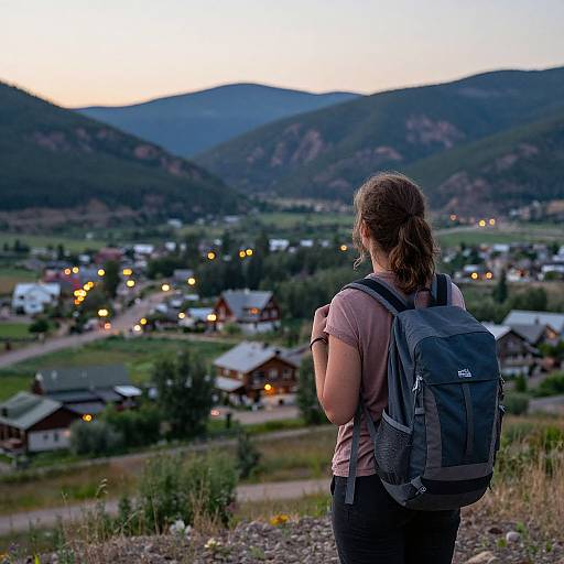 Photograph of a woman with brown hair in a ponytail, wearing a pink shirt and gray backpack, standing on a hill overlooking a small, lit