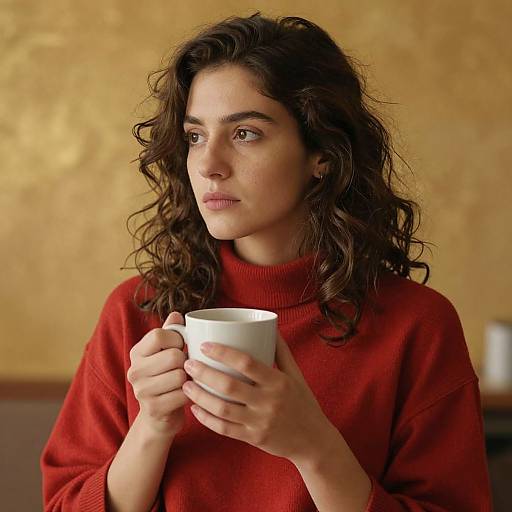 Photograph of a young woman with curly brown hair, wearing a red sweater, holding a white mug, gazing thoughtfully at the camera, against