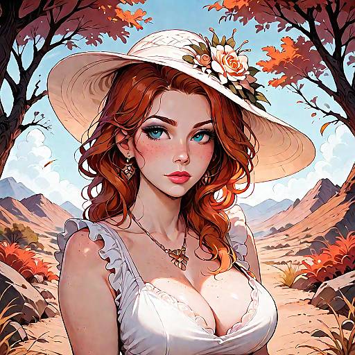 Redhead Woman in White Dress and Wide-Brim Hat in Desert