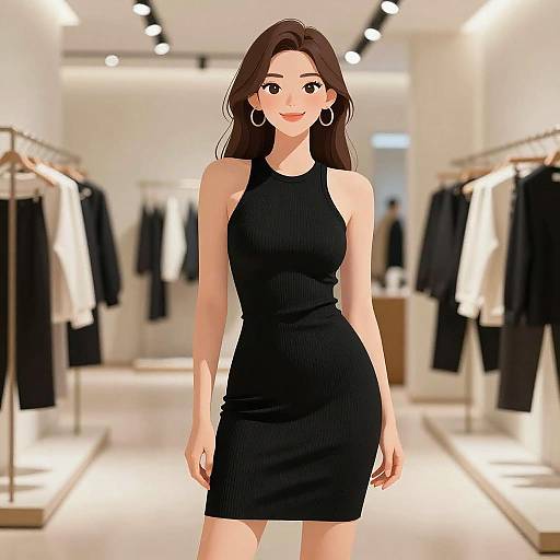 Digital illustration of a smiling young woman with long brown hair, wearing a tight black sleeveless dress, large hoop earrings, standing in a brightly lit,