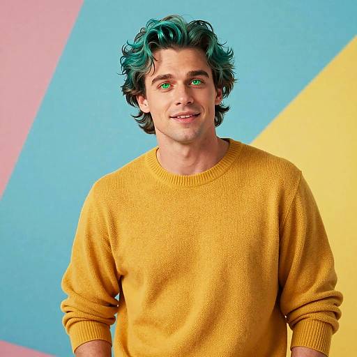 90s Teal-Haired Man in Mustard Sweater