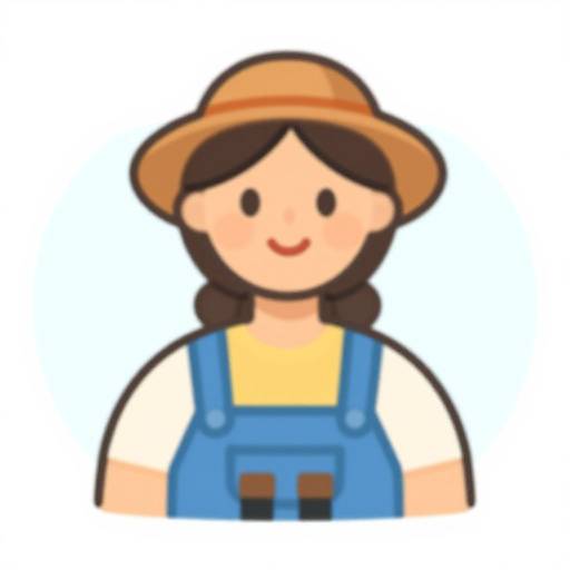 Cartoon drawing of a smiling woman with brown hair in braids, wearing a tan hat, blue overalls, and a yellow shirt.