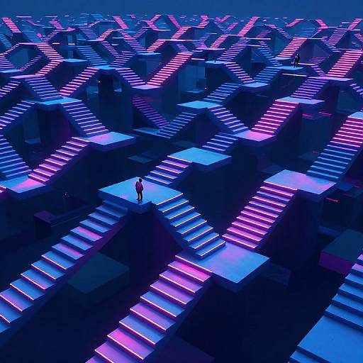 Digital art of a neon-lit, geometric maze with vibrant pink and blue illuminated steps, a small figure walking up central staircase.