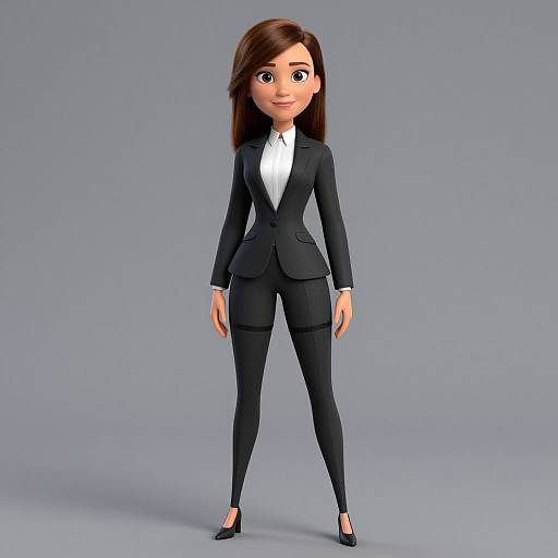 Digital 3D cartoon woman in a black business suit, white shirt, and black heels, standing confidently against a gray background.