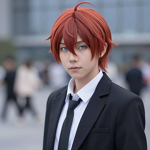 Photorealistic CGI of a young man with vibrant red hair, blue eyes, wearing a black suit, white shirt, and black tie, standing in