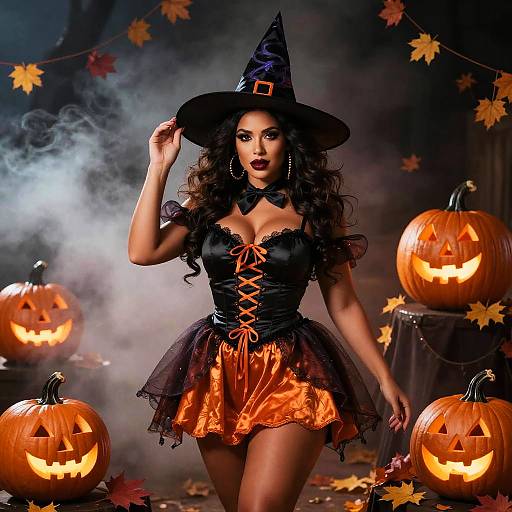 Photograph of a curvy, dark-skinned witch in an orange and black Halloween costume with a hat, surrounded by glowing jack-o'-lantern