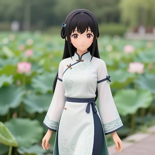 Digital anime-style drawing of a black-haired girl in a white Chinese dress with black trim, standing in a lush, green lotus pond background.