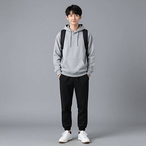Photograph of a young boy with short black hair, wearing a light gray hoodie, black pants, white sneakers, and a backpack, standing against a
