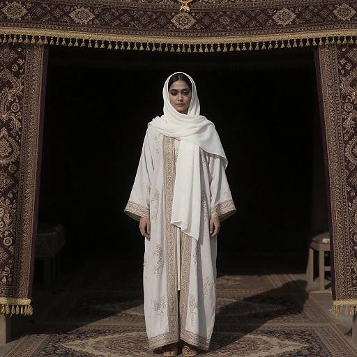Elegant Woman in Traditional Attire Under Canopy