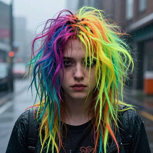 Photograph of a young woman with vibrant, rainbow-colored, wet, and messy hair standing on a rainy urban street, wearing a black shirt with a