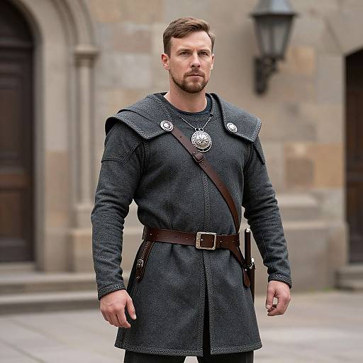 Photograph of a handsome, bearded man in medieval-style dark gray woolen tunic with brown leather strap, standing outdoors in front of a stone