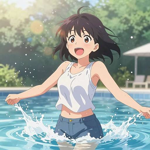 Anime-style drawing of a smiling, black-haired girl with medium breasts, wearing a white tank top and blue shorts, splashing in a sunny pool.