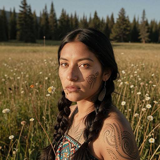 Photograph of a young woman with dark hair in braids, tribal face paint, and colorful top, holding a daisy in a sunlit me