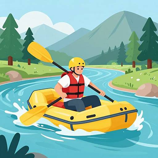 Cartoon-style illustration of a man in a yellow helmet, red life vest, and white shirt, kayaking a bright yellow inflatable raft on a blue